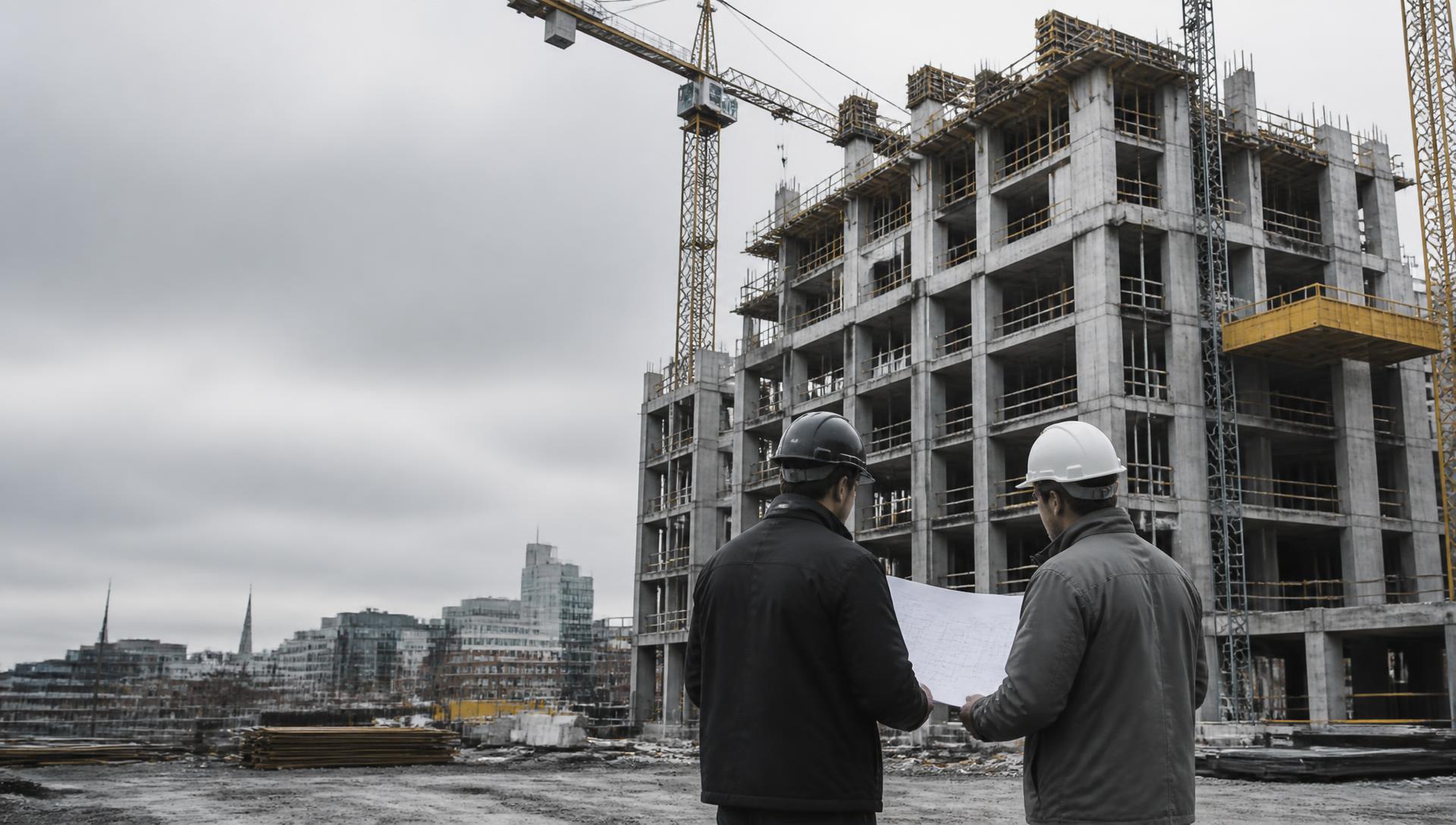 Professionnels consultant des plans devant un bâtiment en construction — image représentative